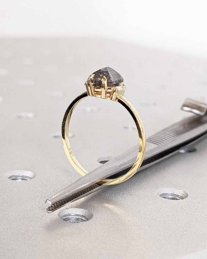 Hexagon Salt & Pepper Diamond Ring, Solid Gold Hexagon Baguette Diamond Engagement Ring, Unique Grey Galaxy Geometric Rose Cut Diamond Ring