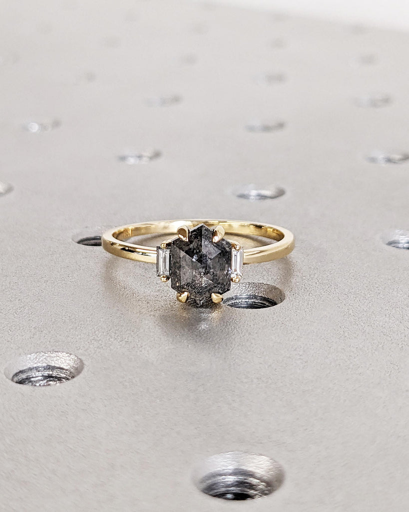 Grey Galaxy Salt & Pepper Diamond Engagement Ring, Hexagon Ring, Baguette Moissanite, Solid Gold Rose Cut Diamond Ring, Unique Proposal Ring