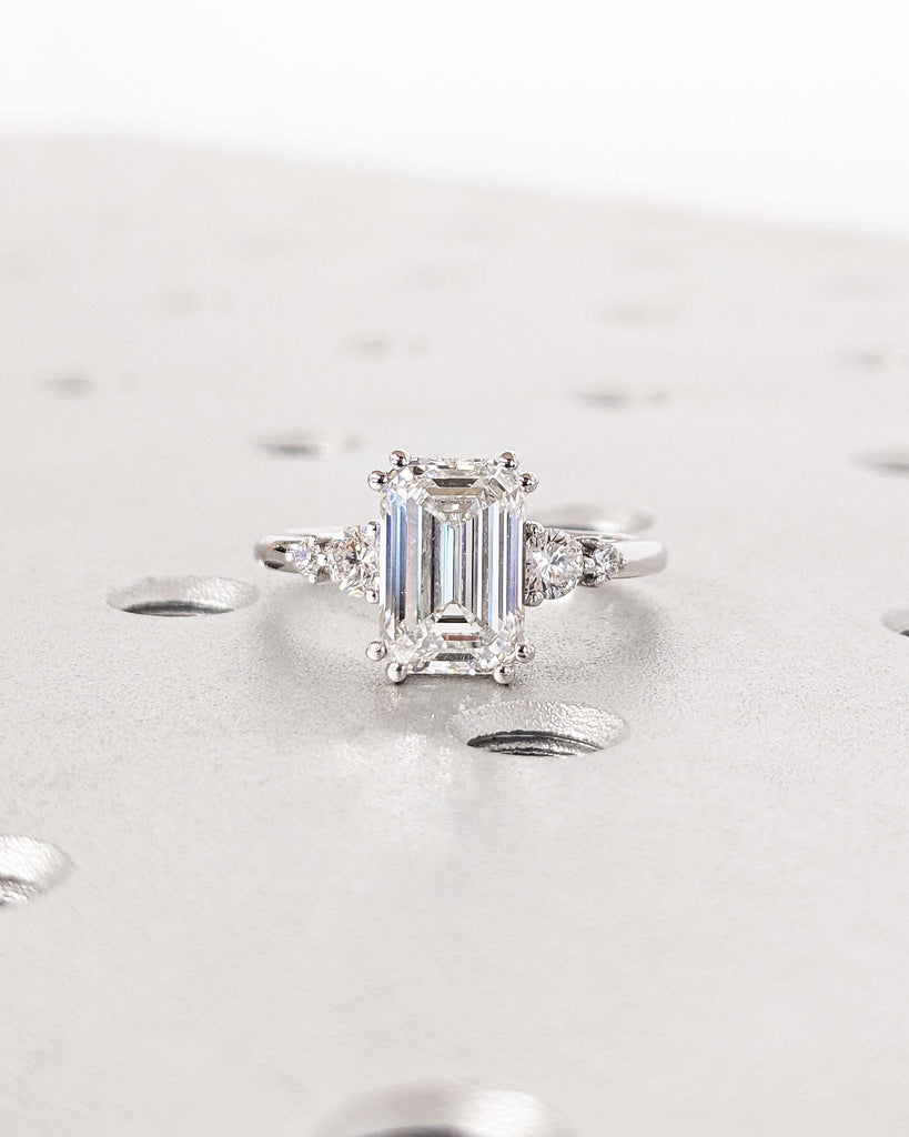 Antique Emerald Cut Lab Grown Diamond Engagement Ring | Delicate Anniversary Ring | Double Prong Set Diamond Ring | Moissanite Cluster Ring