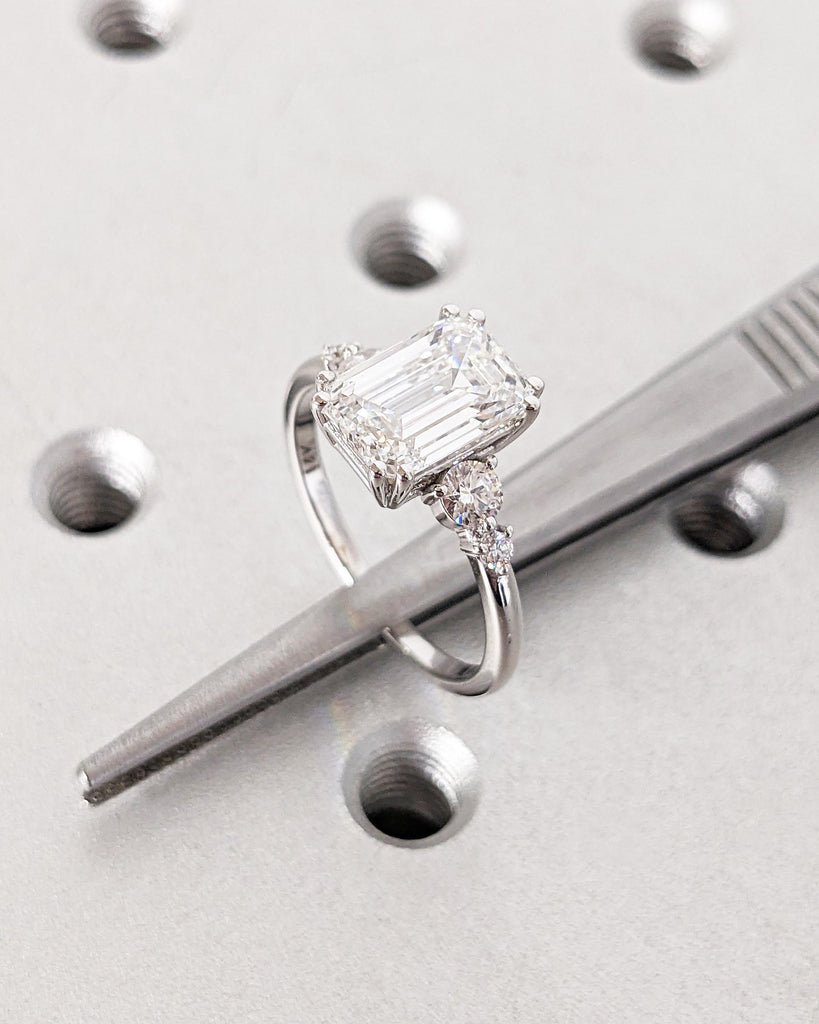 Antique Emerald Cut Lab Grown Diamond Engagement Ring | Delicate Anniversary Ring | Double Prong Set Diamond Ring | Moissanite Cluster Ring