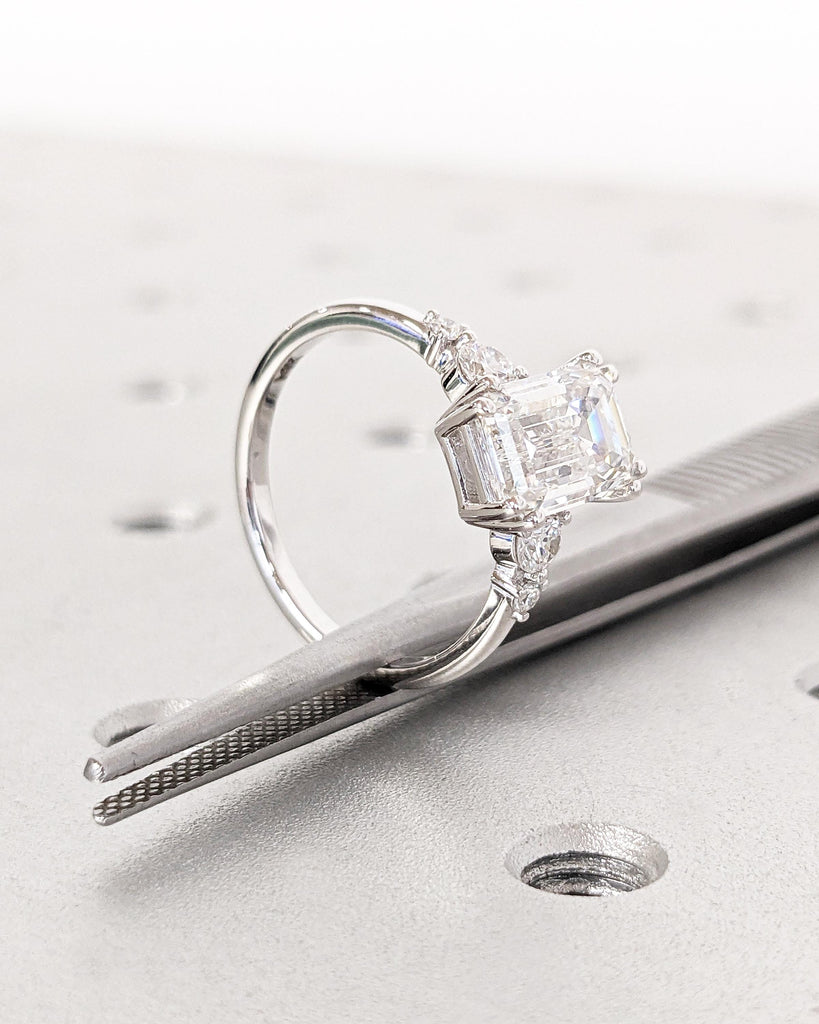 Vintage Emerald Cut Moissanite Engagement Ring | Delicate Anniversary Ring | Double Prong Set Simulated Diamond Ring | Lab Diamond Cluster