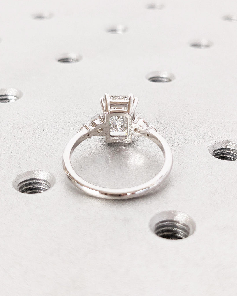 Vintage Emerald Cut Moissanite Engagement Ring | Delicate Anniversary Ring | Double Prong Set Simulated Diamond Ring | Lab Diamond Cluster
