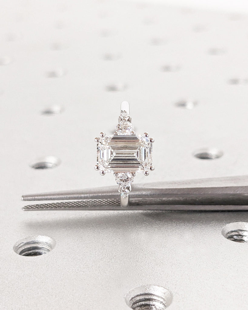 Vintage Emerald Cut Moissanite Engagement Ring | Delicate Anniversary Ring | Double Prong Set Simulated Diamond Ring | Lab Diamond Cluster