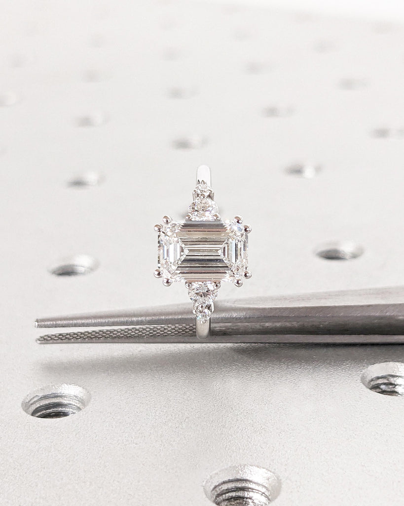 Vintage Emerald Cut Moissanite Engagement Ring | Delicate Anniversary Ring | Double Prong Set Simulated Diamond Ring | Lab Diamond Cluster