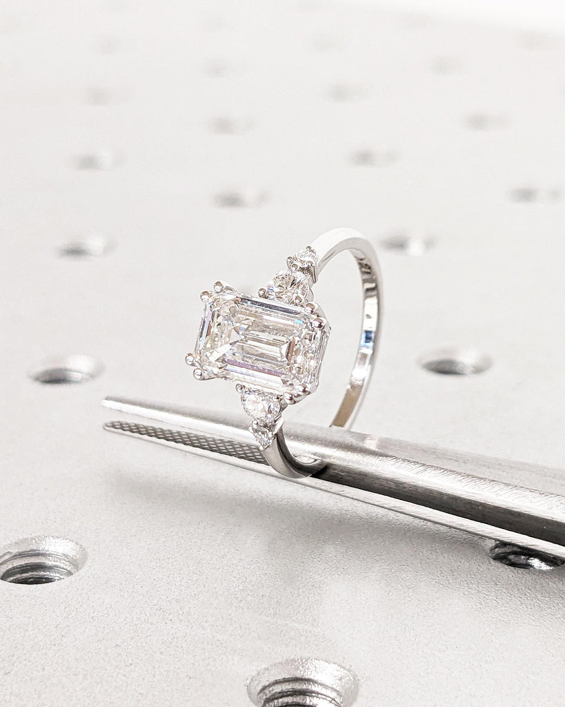 Vintage Emerald Cut Moissanite Engagement Ring | Delicate Anniversary Ring | Double Prong Set Simulated Diamond Ring | Lab Diamond Cluster