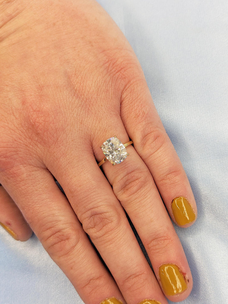 Moissanite Ring, 14k Yellow Gold Statement Ring, Cushion Cut Engagement Ring, Solitaire Anniversary Rings for Women, Birthday Gift for Wife