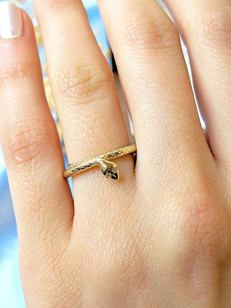 14k Solid Gold Snake Ring, Diamond Snake Ring, Pinky Ring, Open Cuff Ring, Trendy Gold Ring, Rose, White, Yellow, Gold Signet Ring