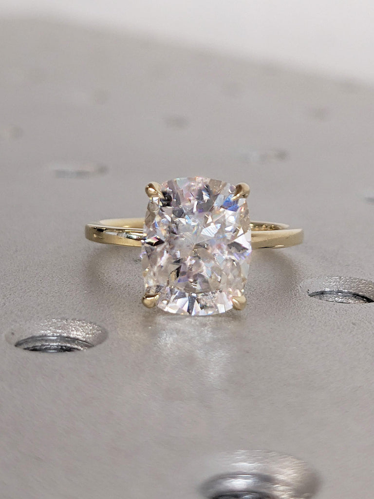 Moissanite Ring, 14k Yellow Gold Statement Ring, Cushion Cut Engagement Ring, Solitaire Anniversary Rings for Women, Birthday Gift for Wife