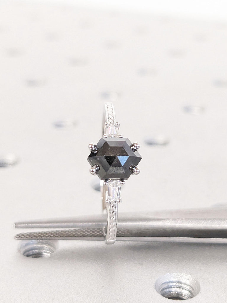 Hexagon Cut Engagement Ring | 1.5 Carat, 2CT Natural Black Diamond Stone Ring | White Gold Promise Ring | Hexagon Cut Diamond | Gift For Her
