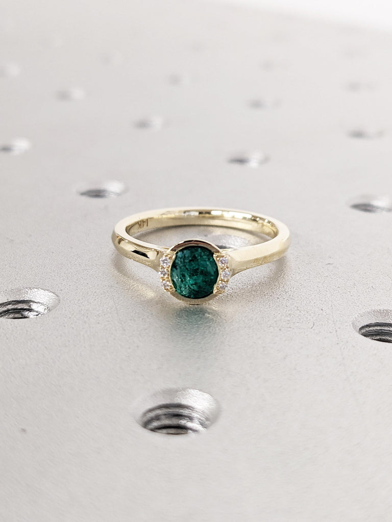 Natural Emerald Ring, Dainty 14k Solid Gold Wedding Ring, Bezel Set Ring with Diamond or Moissanite, Anniversary Ring, Green Gemstone Ring