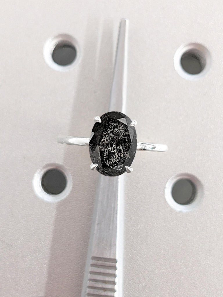 2ct Salt and Pepper Grey Diamond Promise Anniversary Ring for Her | Solid Gold Engagement Ring | Oval Engagement Ring | 14k White Gold Engagement Ring