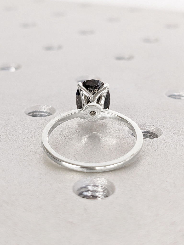 Natural Black Diamond Solitaire Oval Engagement Ring | Thin Engagement Ring | White Gold Salt and Pepper Diamond Ring | Women Wedding Ring