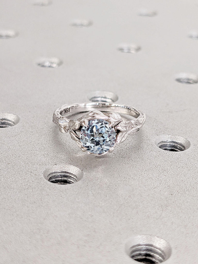 Unique Leaf and Twigs Promise Ring | Rustic Wedding Ring | Woman Bridal Jewelry | Lab Grown Aquamarine Ring