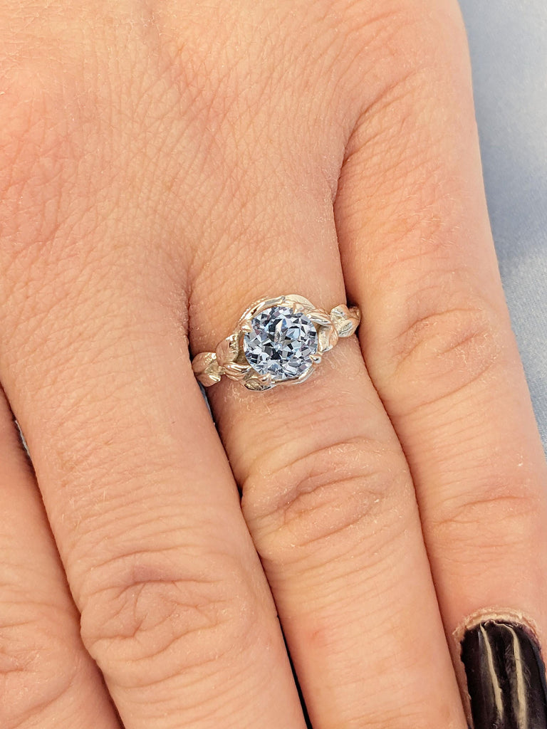 1ct Solitaire Lab Grown Aquamarine Engagement Ring | Nature Inspired Solid Gold Promise Ring | Leaves Twigs Wedding Band