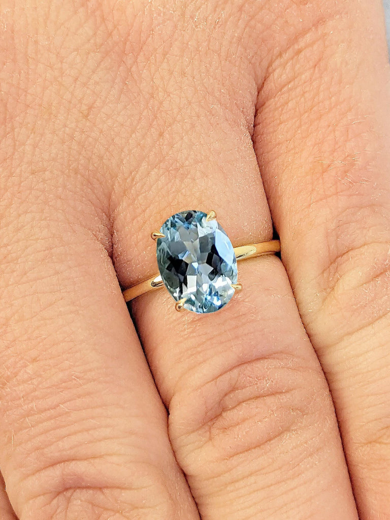 2ct Oval Cut Lab Aquamarine Solitaire Ring | Solid 14k 18k Gold Engagement Band | Women Proposal Ring | Dainty Minimalist Classsic Yellow Rose White
