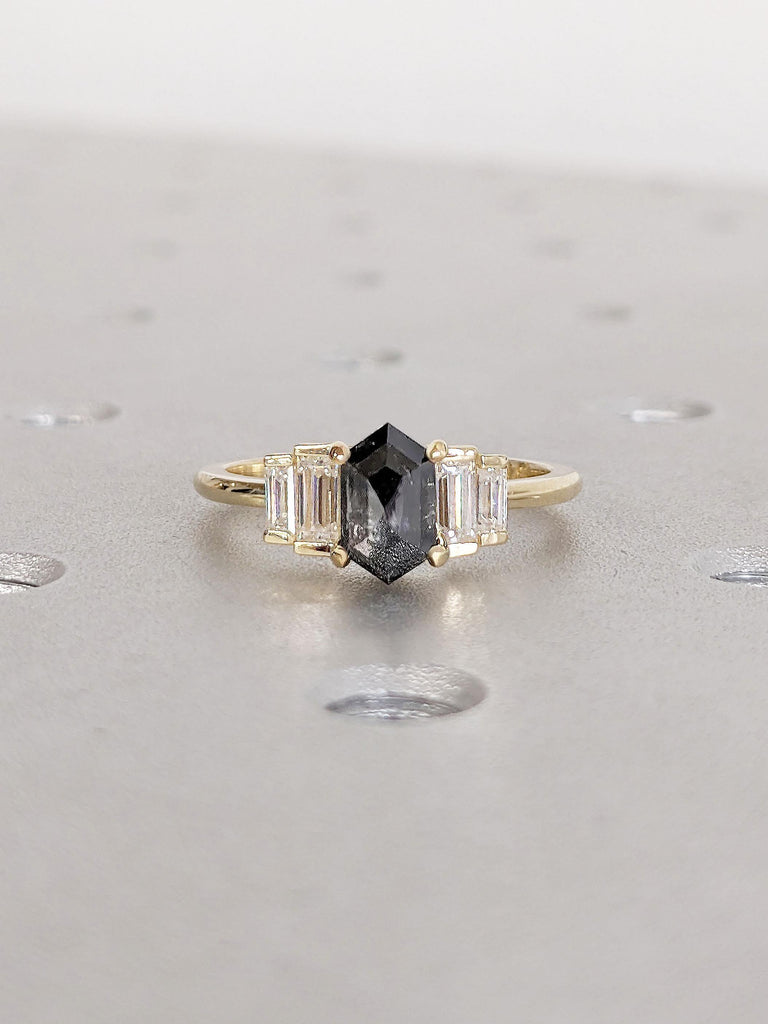 Hexagon cut Natural Black Diamond Cluster Ring | Multi Stone Engagement Ring | Salt and Pepper Diamond Art Deco Promise Anniversary Ring
