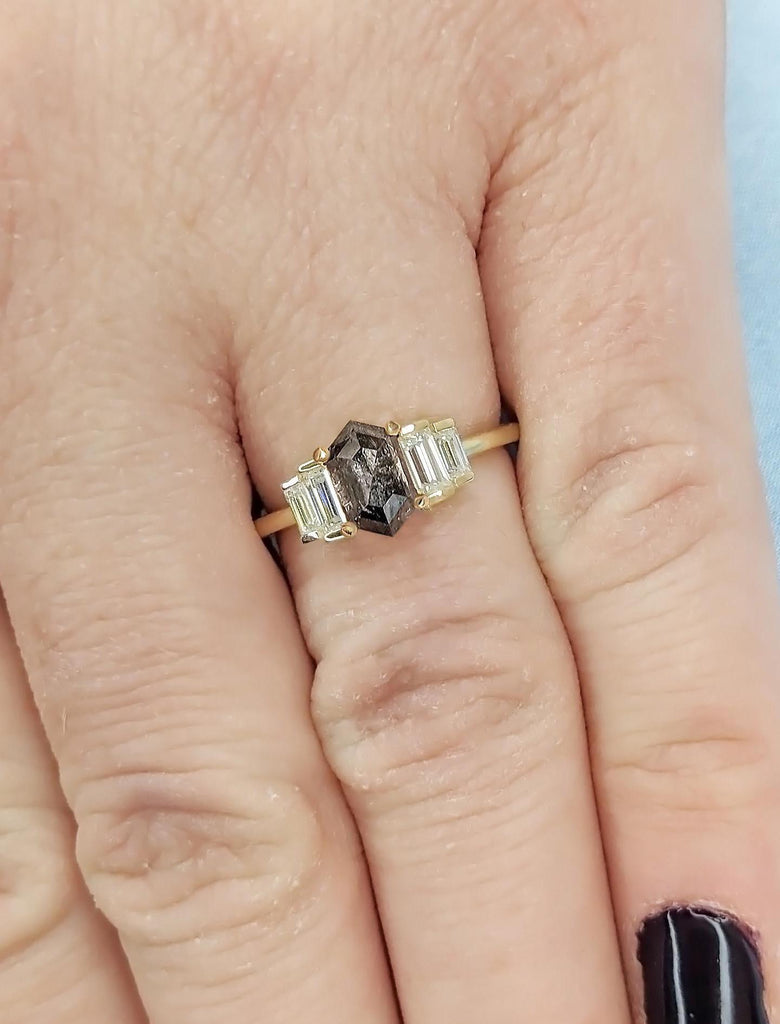 Art Deco Salt and Pepper Black Diamond Engagement Ring - 5 Stones Ring | Gold Wedding Ring Women | Vintage Diamond Ring, Promise Ring By Braverman Jewelry