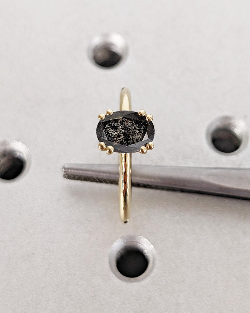 Oval Cut Solitaire Engagement Ring, Galaxy Gray Salt and Pepper Diamond Engagement Ring, Double Prong Ring, 14K Solid Gold Oval Diamond Ring