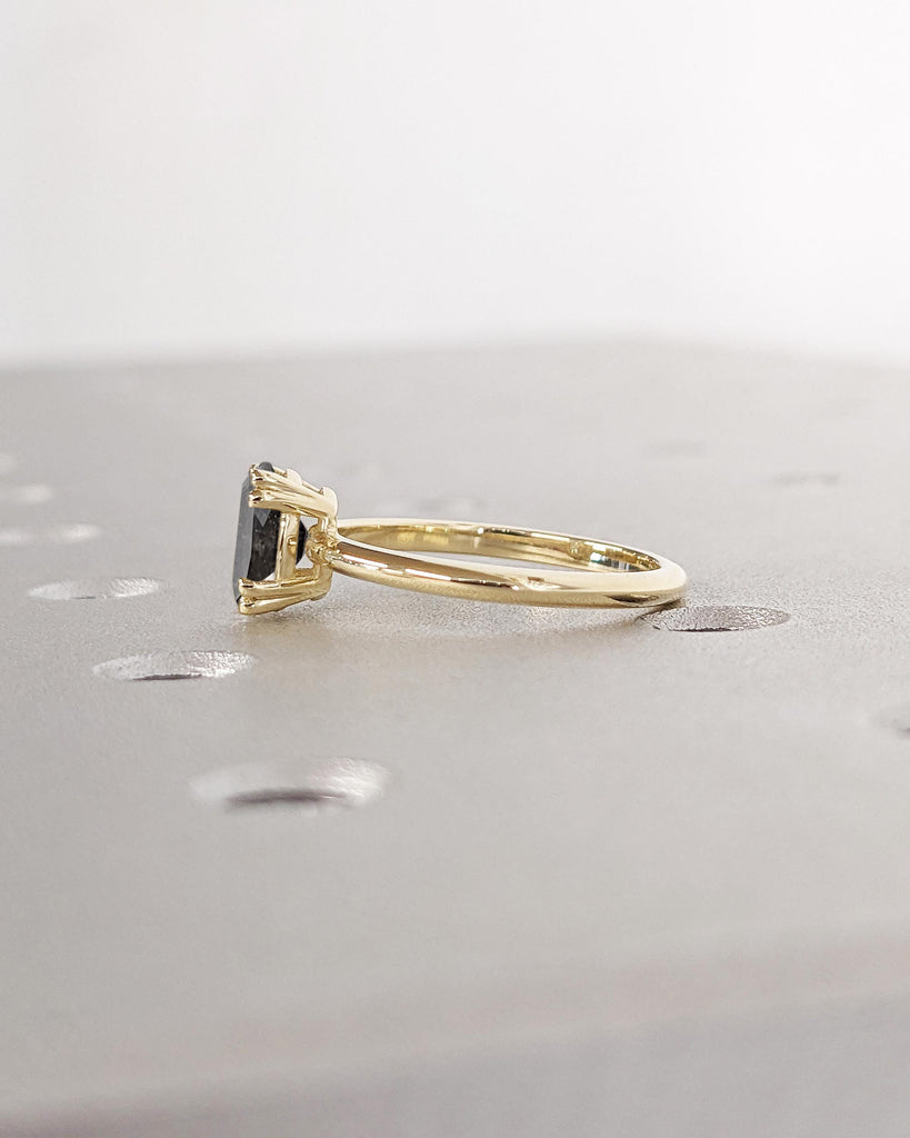 Oval Cut Salt and Pepper Diamond Engagement Ring | 14K Solid Gold Double Prong Engagement Ring | Simple Oval Solitaire Diamond Promise Ring