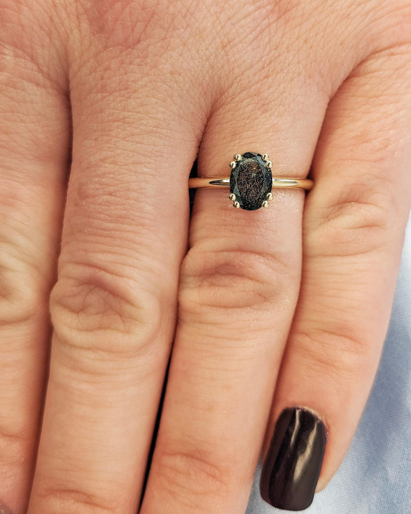 Oval Cut Salt and Pepper Diamond Engagement Ring | 14K Solid Gold Double Prong Engagement Ring | Simple Oval Solitaire Diamond Promise Ring
