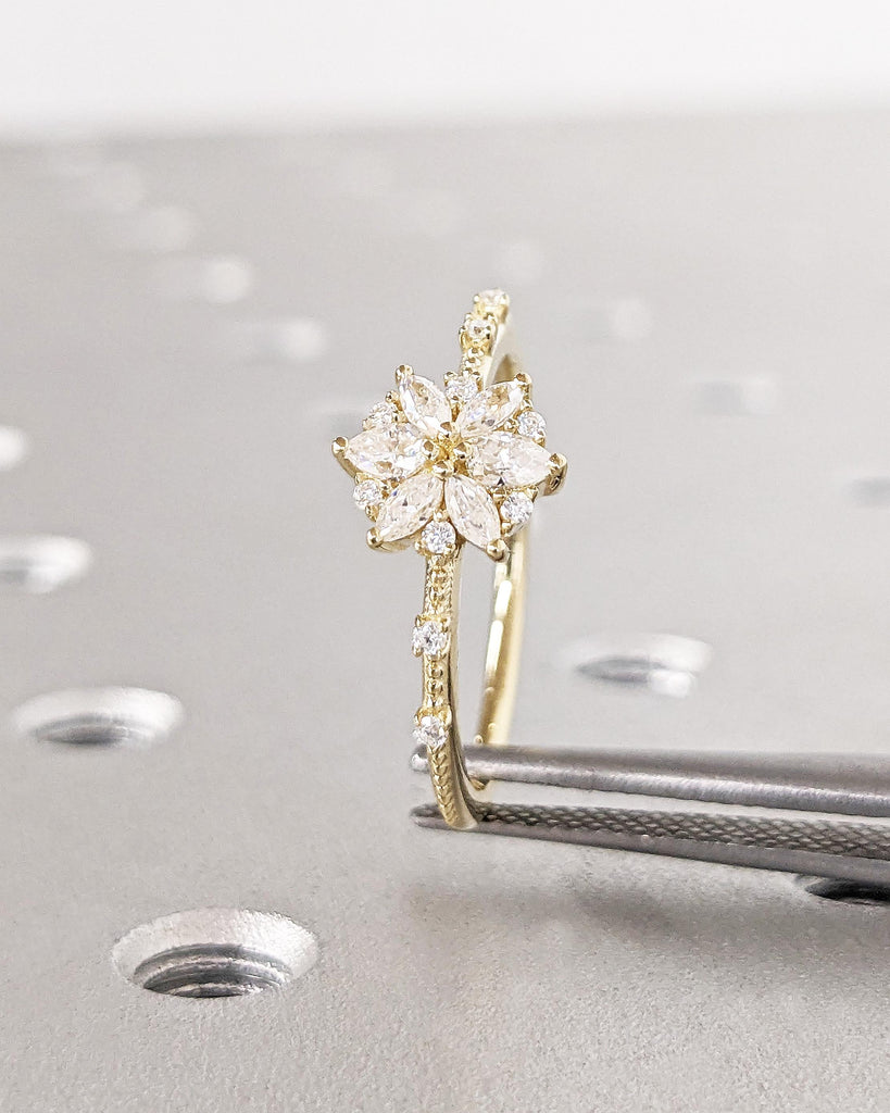 14K Gold Flower Lab Grown Diamond Engagement Ring, Lab Diamond Flower Cluster Ring, Daisy Flower Ring, Dainty Floral Promise Ring for Her
