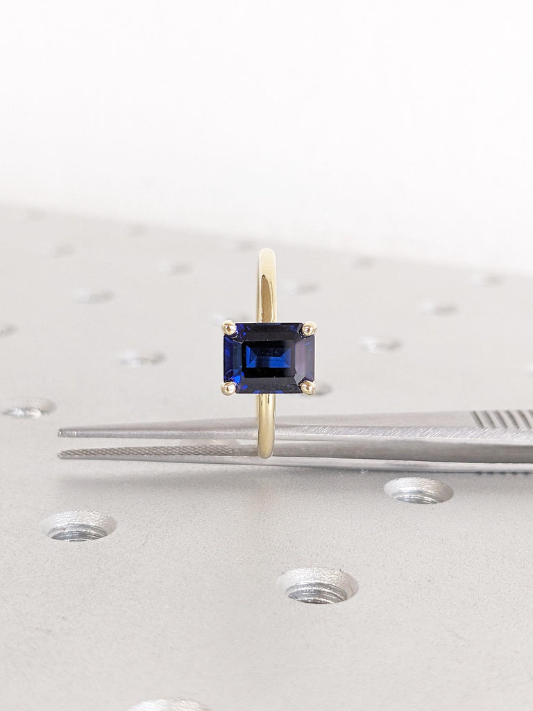 Lab Grown Sapphire Anniversary Ring | 14k Solid Gold Blue Sapphire Rings for Women | Moissanite or Diamond Hidden Halo Ring | Gift for Wife