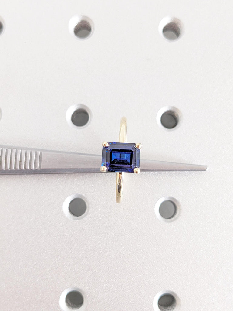Lab Grown Sapphire Anniversary Ring | 14k Solid Gold Blue Sapphire Rings for Women | Moissanite or Diamond Hidden Halo Ring | Gift for Wife