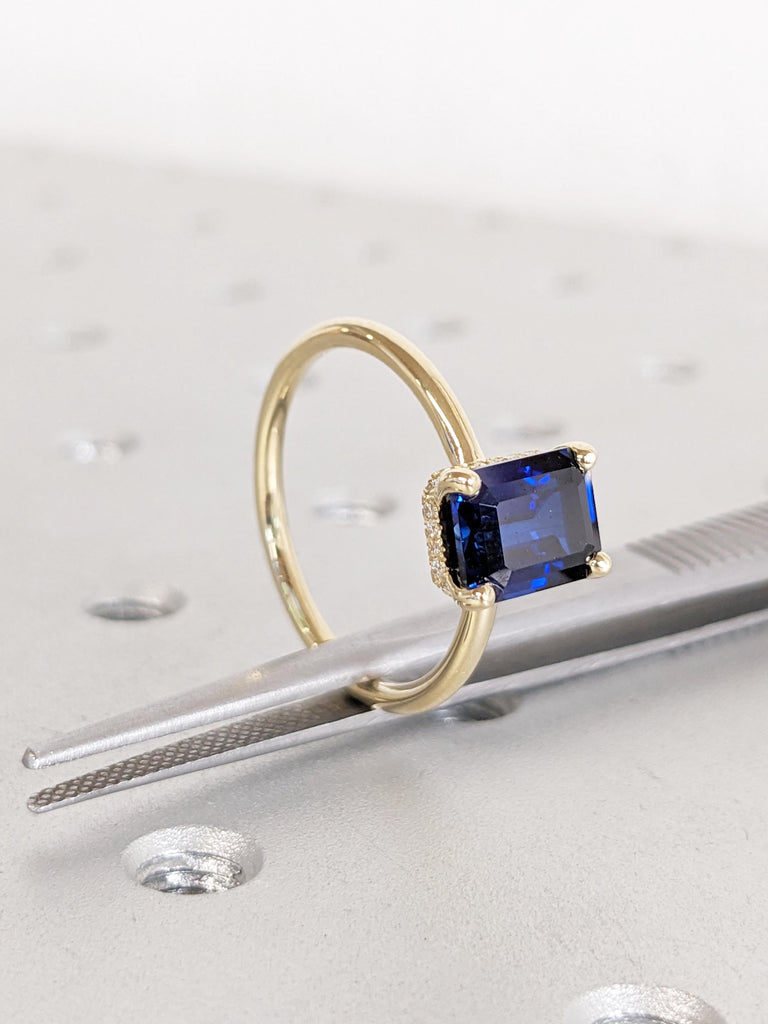 Lab Grown Sapphire Anniversary Ring | 14k Solid Gold Blue Sapphire Rings for Women | Moissanite or Diamond Hidden Halo Ring | Gift for Wife