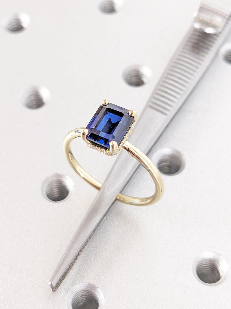 Lab Grown Sapphire Anniversary Ring | 14k Solid Gold Blue Sapphire Rings for Women | Moissanite or Diamond Hidden Halo Ring | Gift for Wife