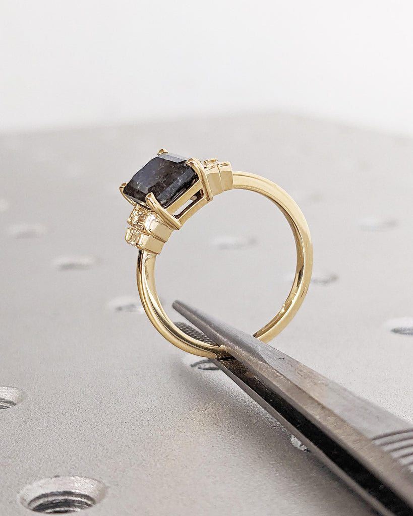 Vintage Salt and Pepper Grey Diamond Engagement Ring | Unique Emerald cut Yellow Gold Ring | Multi Stone Diamond Rings | Anniversary Ring
