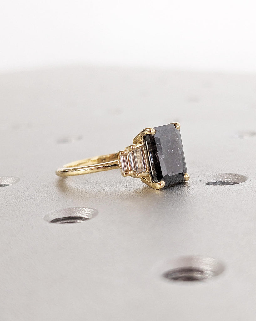 Vintage Salt and Pepper Grey Diamond Engagement Ring | Unique Emerald cut Yellow Gold Ring | Multi Stone Diamond Rings | Anniversary Ring