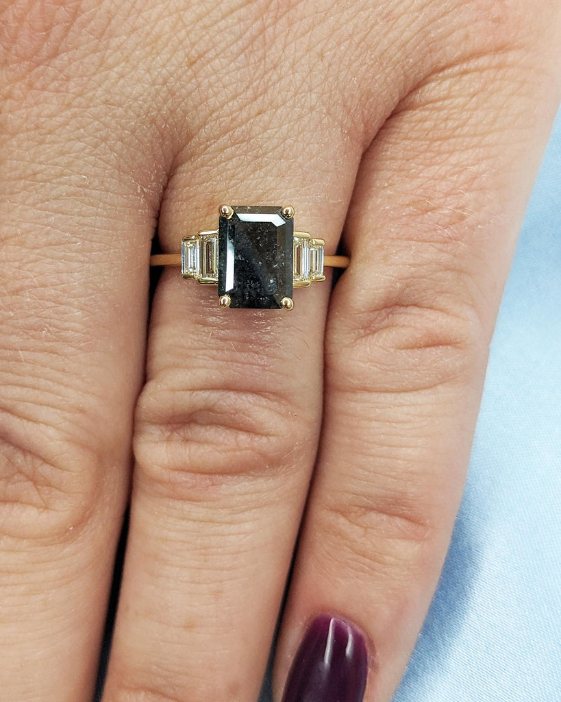 Vintage Salt and Pepper Grey Diamond Engagement Ring | Unique Emerald cut Yellow Gold Ring | Multi Stone Diamond Rings | Anniversary Ring