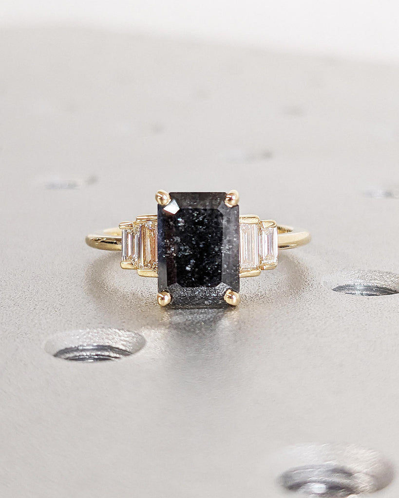 14k Yellow Gold Art Deco Engagement Ring | Black Diamond Baguette Ring, Women Minimalist Promise Ring | Vintage Salt and Pepper Diamond Ring image #1