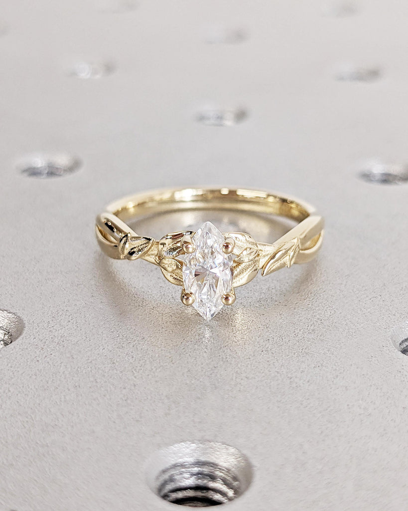 Nature Inspired Marquise Moissanite Engagement Ring, Laurel Leaves Design Wedding Ring, Vintage 14K Yellow Gold Handcrafted Anniversary Ring