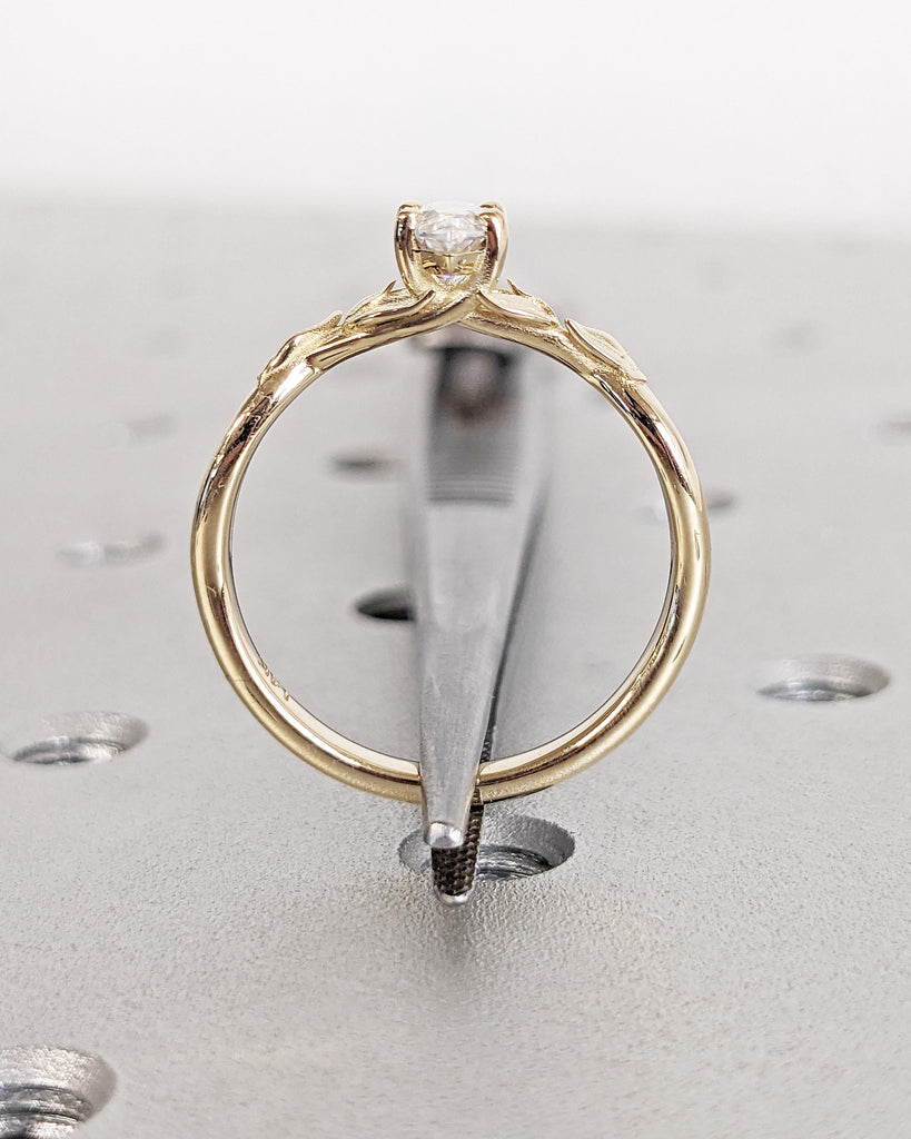 Nature Inspired Marquise Moissanite Engagement Ring, Laurel Leaves Design Wedding Ring, Vintage 14K Yellow Gold Handcrafted Anniversary Ring