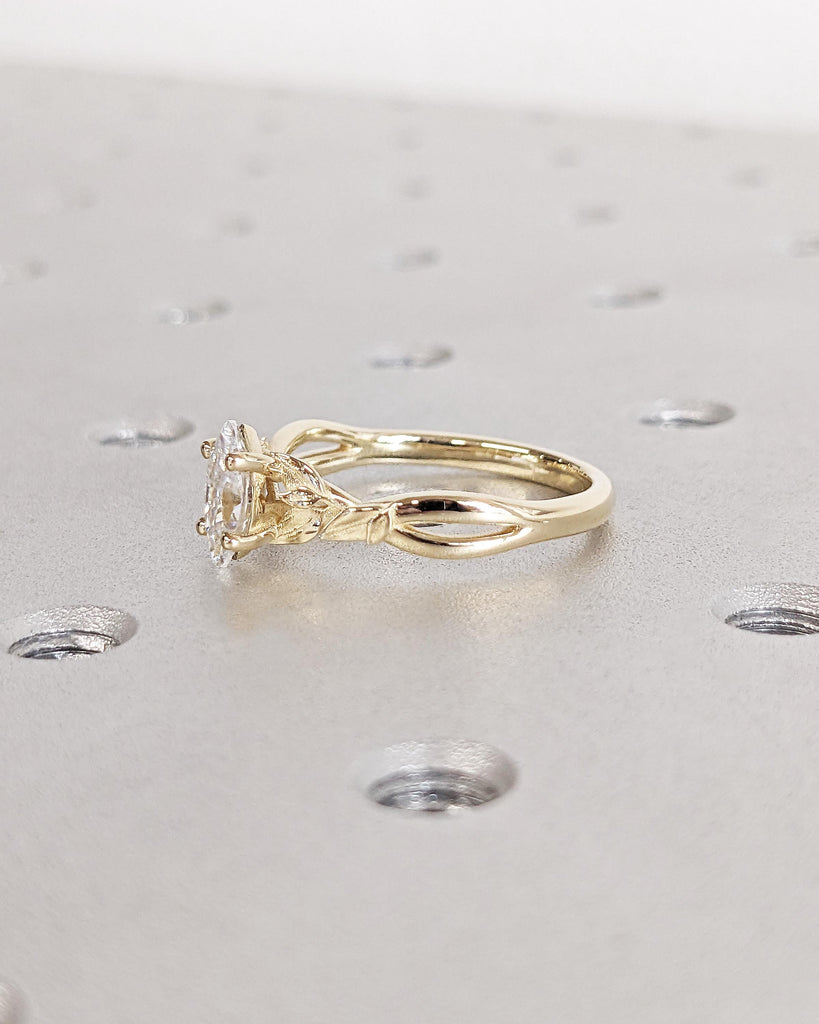 Nature Inspired Marquise Moissanite Engagement Ring, Laurel Leaves Design Wedding Ring, Vintage 14K Yellow Gold Handcrafted Anniversary Ring