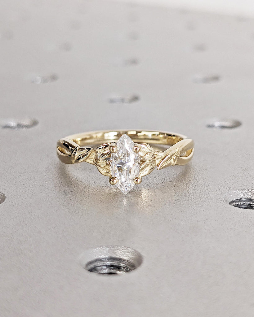 Nature Inspired Marquise Moissanite Engagement Ring, Laurel Leaves Design Wedding Ring, Vintage 14K Yellow Gold Handcrafted Anniversary Ring