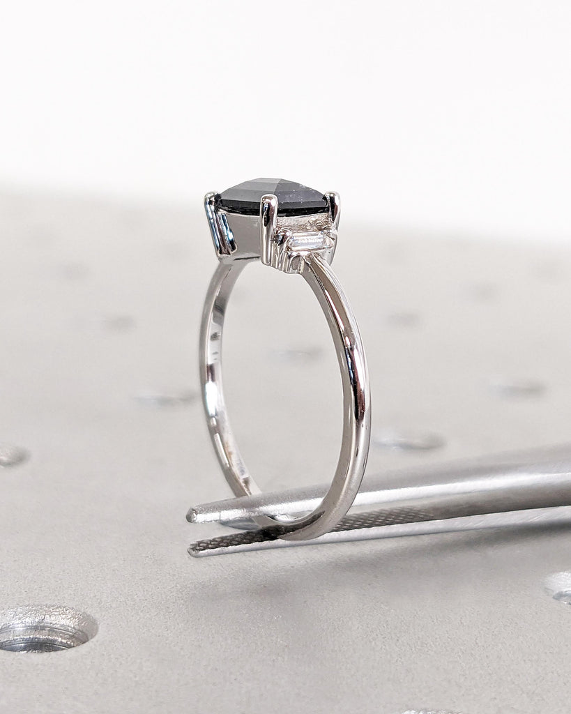 Salt and Pepper Diamond Ring, Vintage Emerald Baguette Ring, Raw Diamond Ring, 14k Gold Engagement Art Deco 1920's Inspired Thin Petite Band