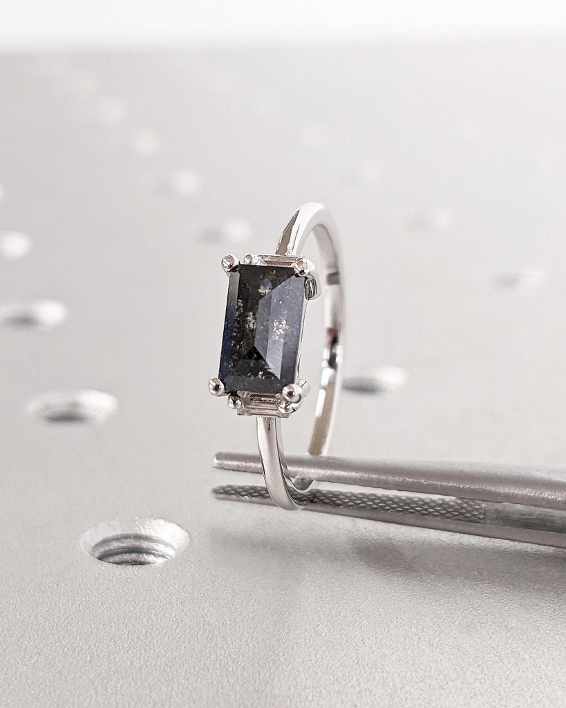 Salt and Pepper Diamond Ring, Vintage Emerald Baguette Ring, Raw Diamond Ring, 14k Gold Engagement Art Deco 1920's Inspired Thin Petite Band
