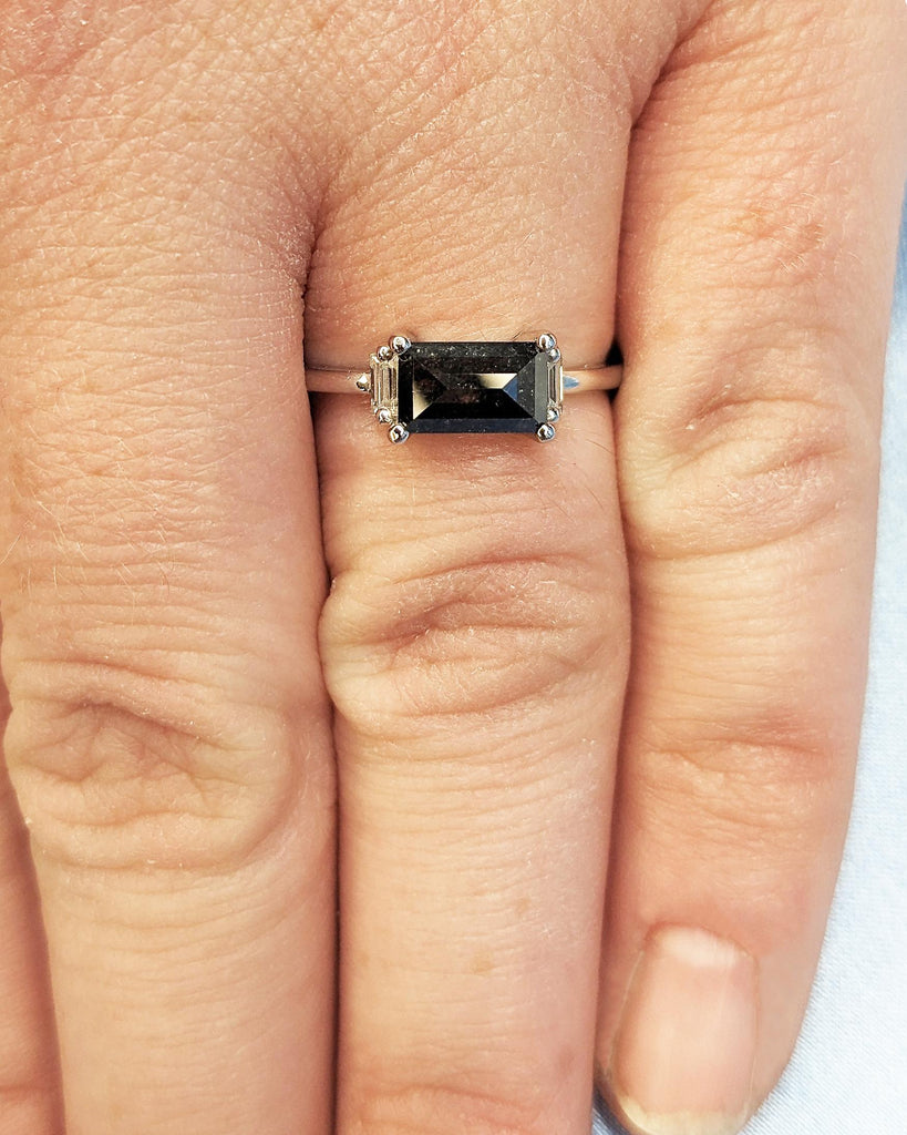 Salt and Pepper Diamond Ring, Vintage Emerald Baguette Ring, Raw Diamond Ring, 14k Gold Engagement Art Deco 1920's Inspired Thin Petite Band
