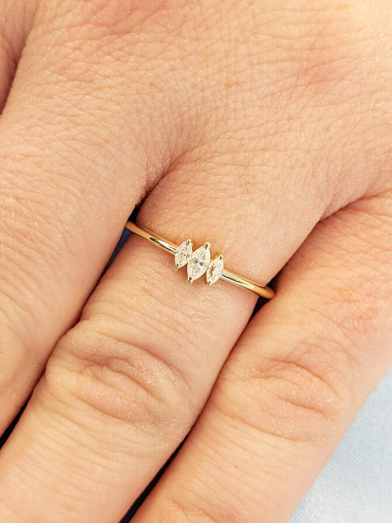 Marquise Cut Three Stone Diamond Ring | Dainty 14k Yellow Gold Wedding Rings for Women | Moissanite Three Stone Ring | Promise Ring for Her