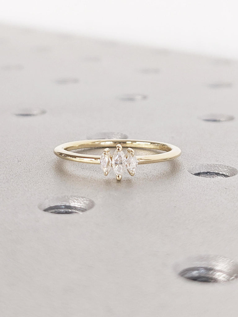 Marquise Cut Three Stone Diamond Ring | Dainty 14k Yellow Gold Wedding Rings for Women | Moissanite Three Stone Ring | Promise Ring for Her