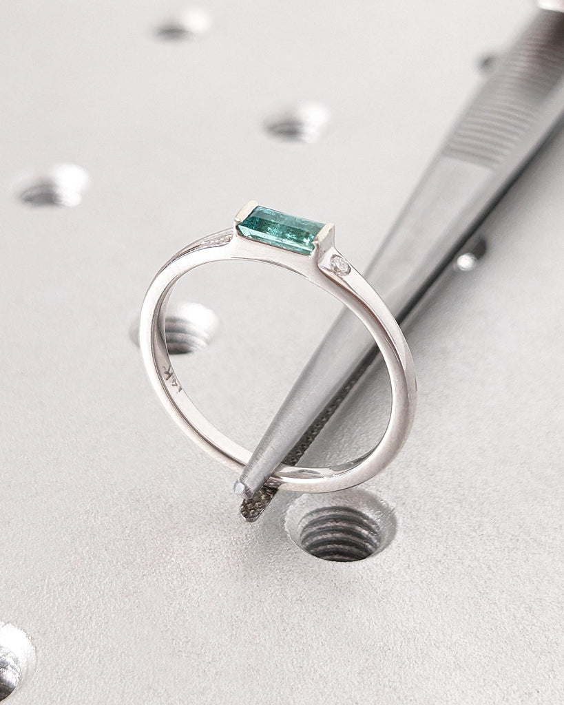 Emerald Ring - Baguette Emerald Ring - 14k White Gold Minimalist Emerald Ring - Stacking Emerald Ring Emerald Jewelry - May Birthstone Ring