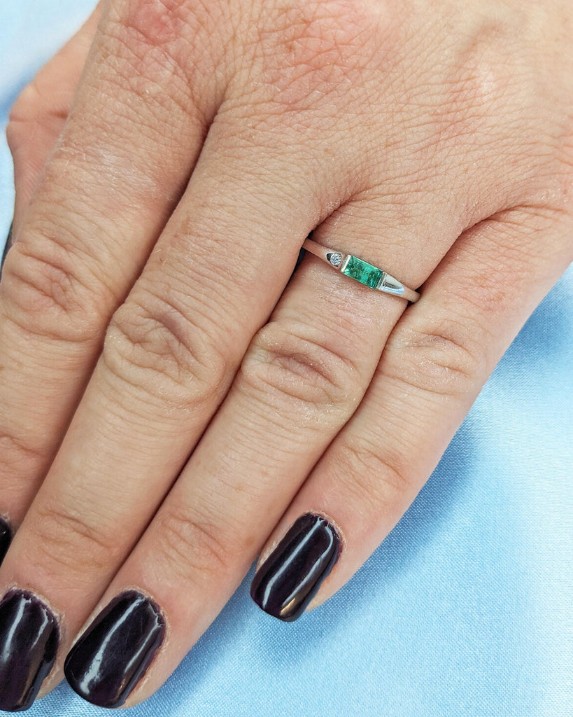 Emerald Ring - Baguette Emerald Ring - 14k White Gold Minimalist Emerald Ring - Stacking Emerald Ring Emerald Jewelry - May Birthstone Ring