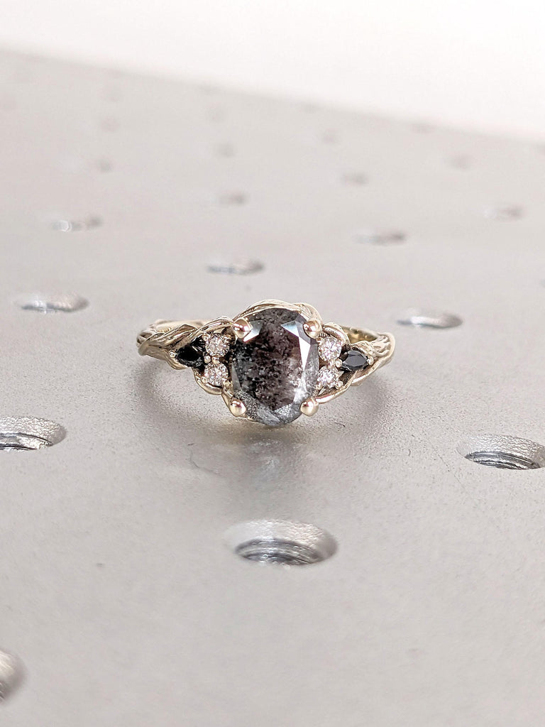 Branch and Leaf Black Diamond Engagement Ring | Nature Inspired White Gold Wedding Ring | Twig Gray Salt and Pepper Diamond Promise Ring for Women