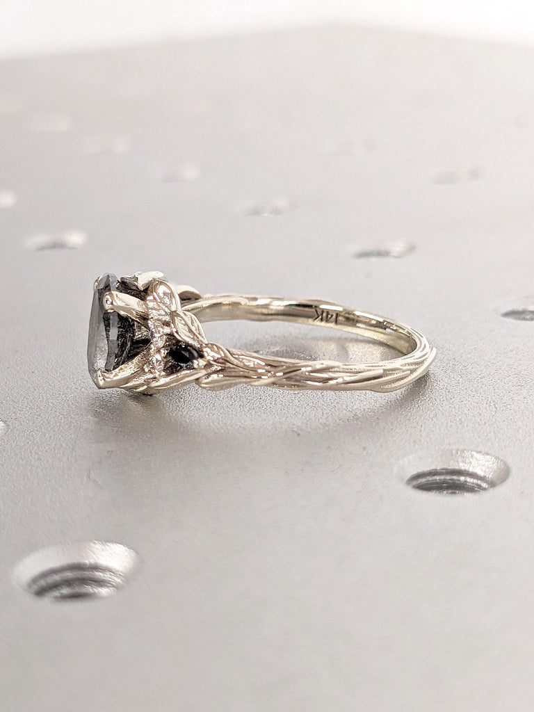 Vintage 1.5ct, 2CT Oval Gray Salt and Pepper Diamond Engagement Ring | 14k White Gold Ring | Nature Inspired Seven Stone Wedding Ring Women