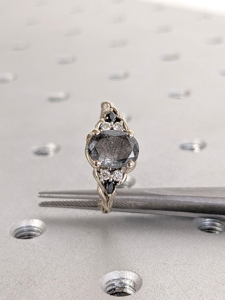 Vintage Black Onyx Engagement Ring | Oval cut Salt and Pepper Diamond | 14k Gold Ring | Leaf Ring