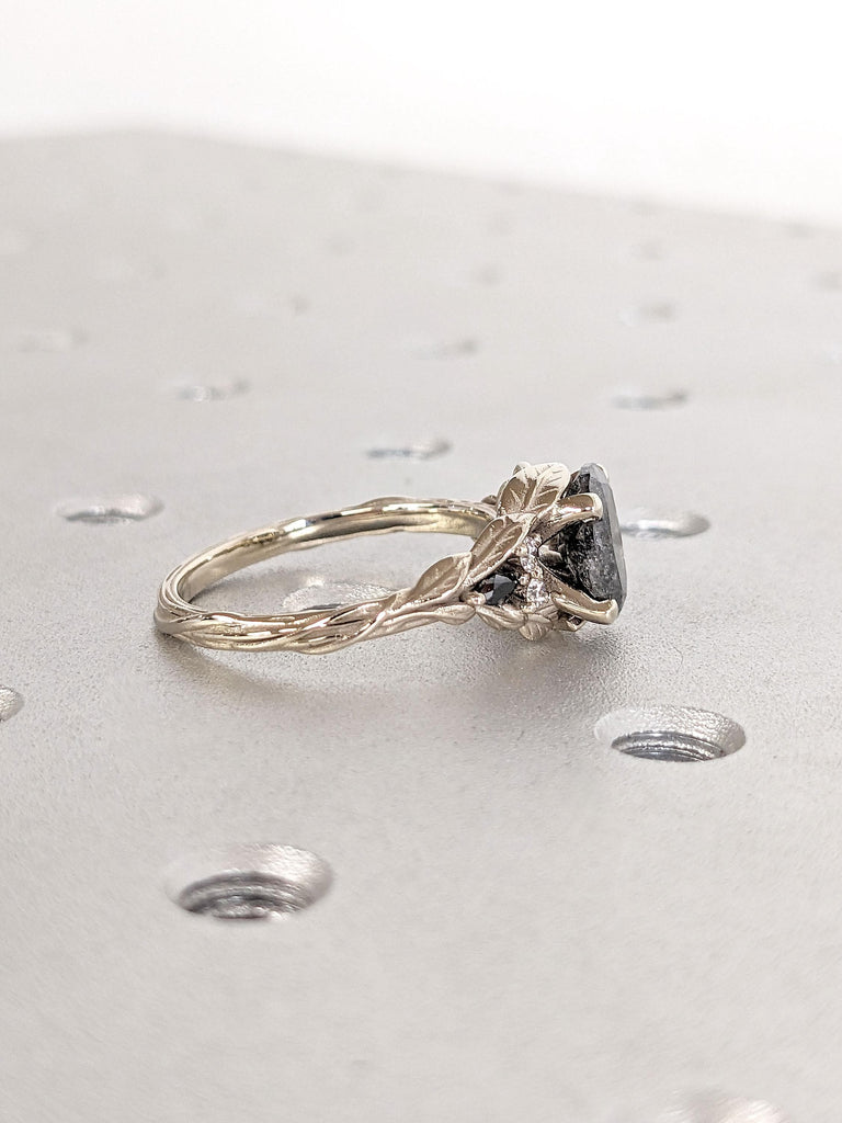 Vintage 1.5ct, 2CT Oval Gray Salt and Pepper Diamond Engagement Ring | 14k White Gold Ring | Nature Inspired Seven Stone Wedding Ring Women