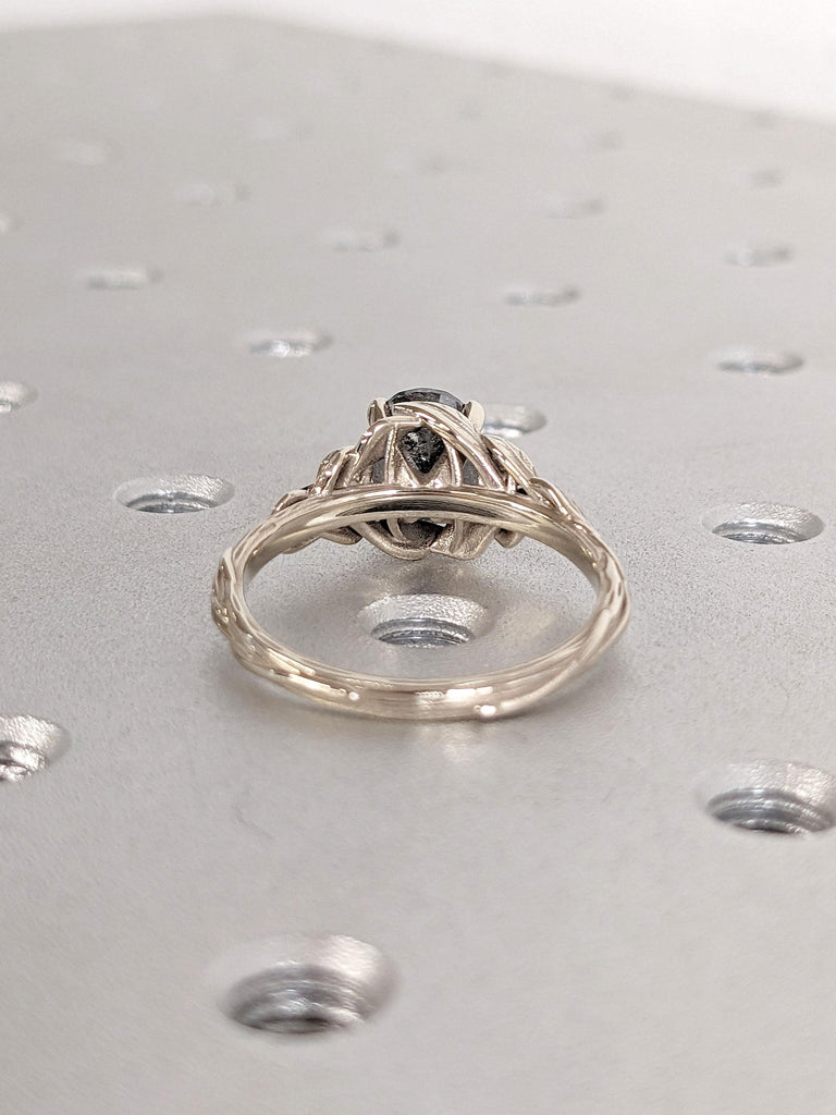 Vintage 1.5ct, 2CT Oval Gray Salt and Pepper Diamond Engagement Ring | 14k White Gold Ring | Nature Inspired Seven Stone Wedding Ring Women