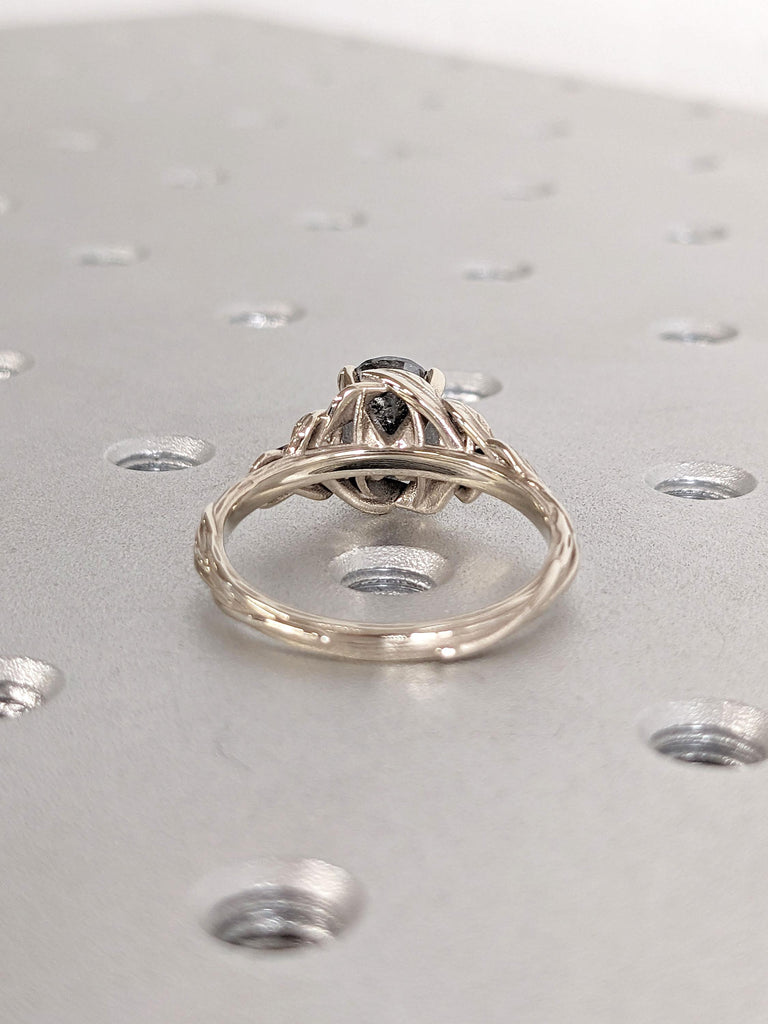 Salt and Pepper Diamond Oval Engagement Ring, Nature Engagement Ring, Leaf Floral Nature Ring, 14K White Gold, White & Black Diamond Accents